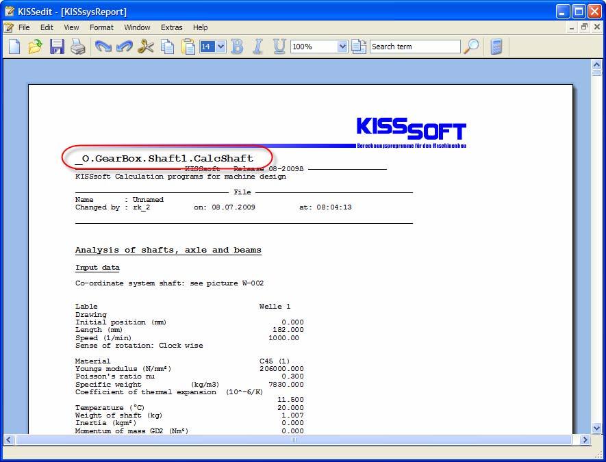 7.7.5.1 KISSsoft reports This selection will return a complete report on the gearbox with the data and results created before.