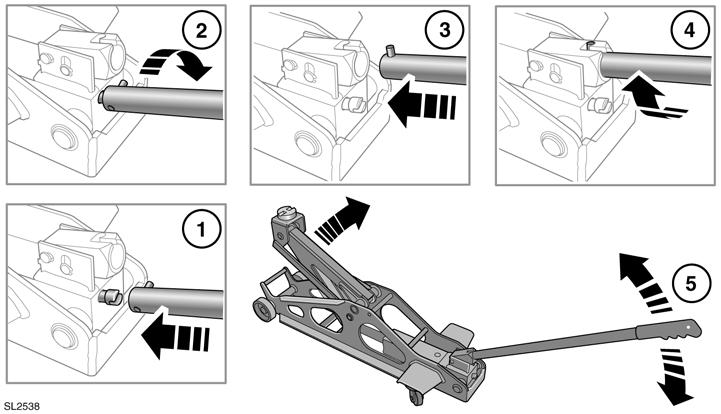 Wheel changing OPERATING THE TROLLEY JACK Raising the jack: 1. Locate the open end of the jack lever over the jack release valve. 2. Turn the valve fully clockwise to close it. 3.