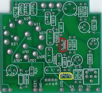 Step 7: Add the transistors. The 2N5088 is highlighted in red and the BS170 MOSFET is highlighted in yellow.