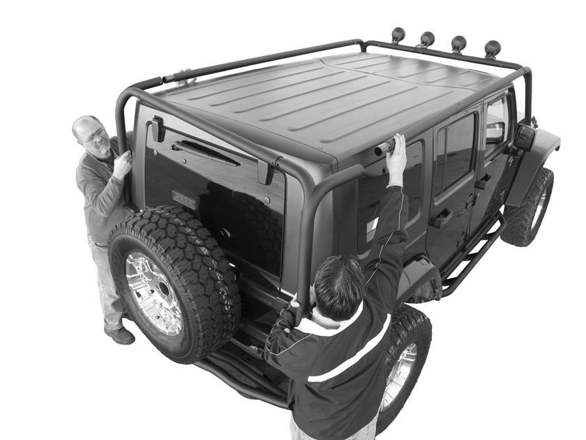 DO NOT TIGHTEN HARDWARE UNTIL ASSEMBLY IS FINISHED 8. On a clean, stable work area, assemble the rear section of the Roof Rack by attaching both Upper Rear Legs to the Rear Cross Bar.