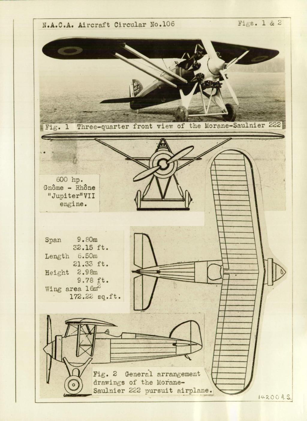 rn.a.c.a. Aircraft Circular No.106 Fibs. 1 & 2 Fi,. 1 Three-cuarter front viv: of the orne-sau1nier ^22 hp. A Gnome - Rhone 11 Jupiter" VII eriine.