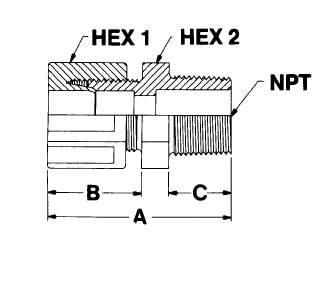 Integral Ferrule, PFA Straight Adapter, MNPT Part O.D. MNPT Dimensions Number Tube Size Size Orifice A B C Hex 1 Hex 2 C1-1N 1/16" 1/16" 0.07" (1.8 mm) 1.65" (41.9 mm) 0.82" (20.8 mm) 0.55" (14.