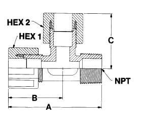 Integral Ferrule, PFA Tee Adapter, MNPT Run Part O.D. MNPT Dimensions Number Tube Size Size Orifice A B C Hex 1 Hex 2 RT1-1N* 1/16" 1/16" 0.07" (1.8 mm) 2.02" (51.3 mm) 1.15" (29.