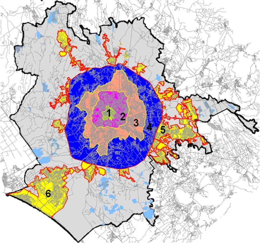 The new mobility model: 6-zones with different characteristics Different urban fabrics characteristics and density of each zone require different mobility organizations In each area specific