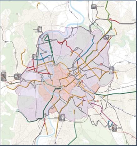 Rail Ring zone: PT reorganization and CC scheme Rail Ring zone (700,000 inh.