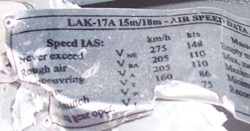 The Limitation placard found inside the cockpit was also referring to the non-powered version LAK-17 A. The modification.