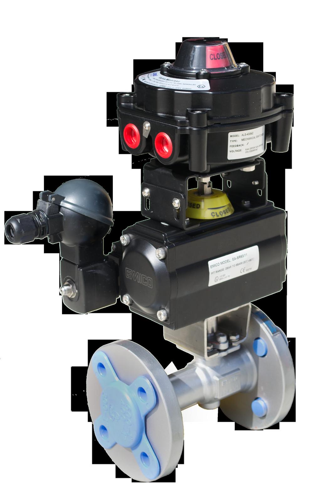 FLANGED BALL VALVES - ACTUATION FEATURES Emico fire-safe uni-body flanged ball valves fitted with Spring Return pneumatic actuators.