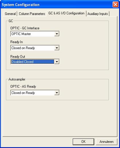 Autosampler output: Closed on Ready Evolution software Figure 3. I/O Settings. 15 Configuration settings of the GC 15.