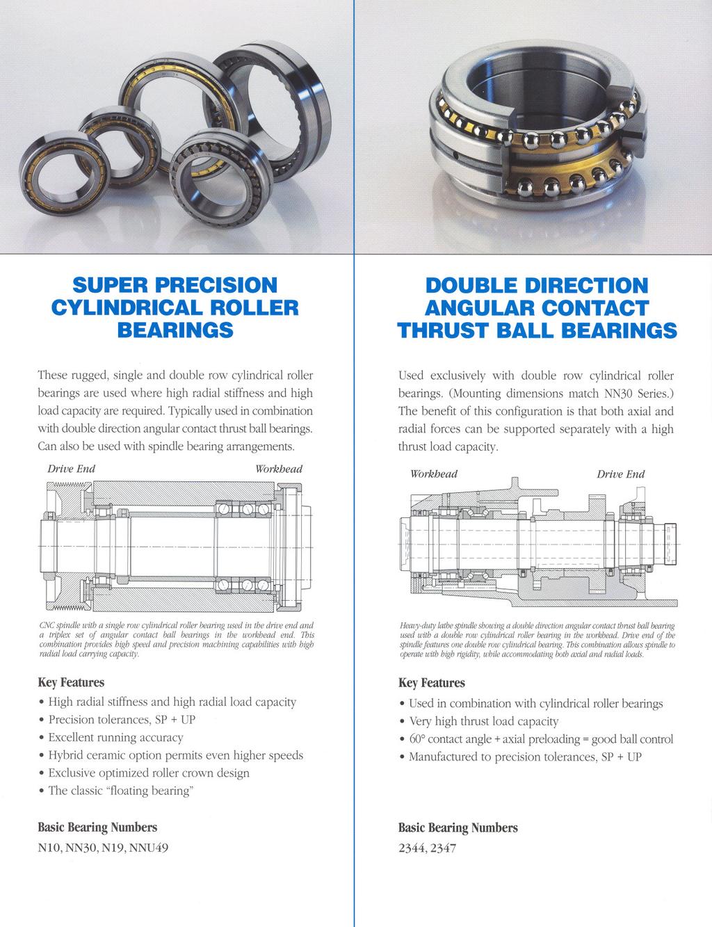 SUPER PRECISION CYLINDRICAL ROLLER BEARINGS DOUBLE DIRECTION ANGULAR CONTACT THRUST BALL BEARINGS These rugged, single and double row cylindrical roller bearings are used where high radial stiffness