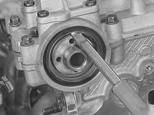The centre screw from the variable valve timing (VVT) unit (TORX 55). Carefully pull out the timing gear pulley with the variable valve timing (VVT) unit.