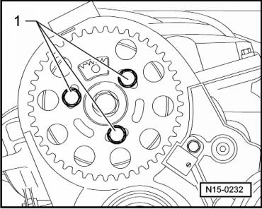 Page 7 of 10 Loosen tensioning roller securing nut. Loosen camshaft sprocket securing bolts -1-, until the camshaft sprocket can be moved within the elongated holes.