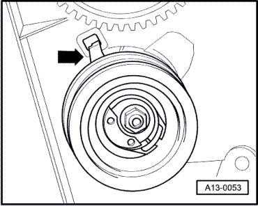 Page 8 of 10 Ensure that tensioning roller seats correctly in rear toothed belt guard -arrow-. Loosen tensioning roller securing nut.