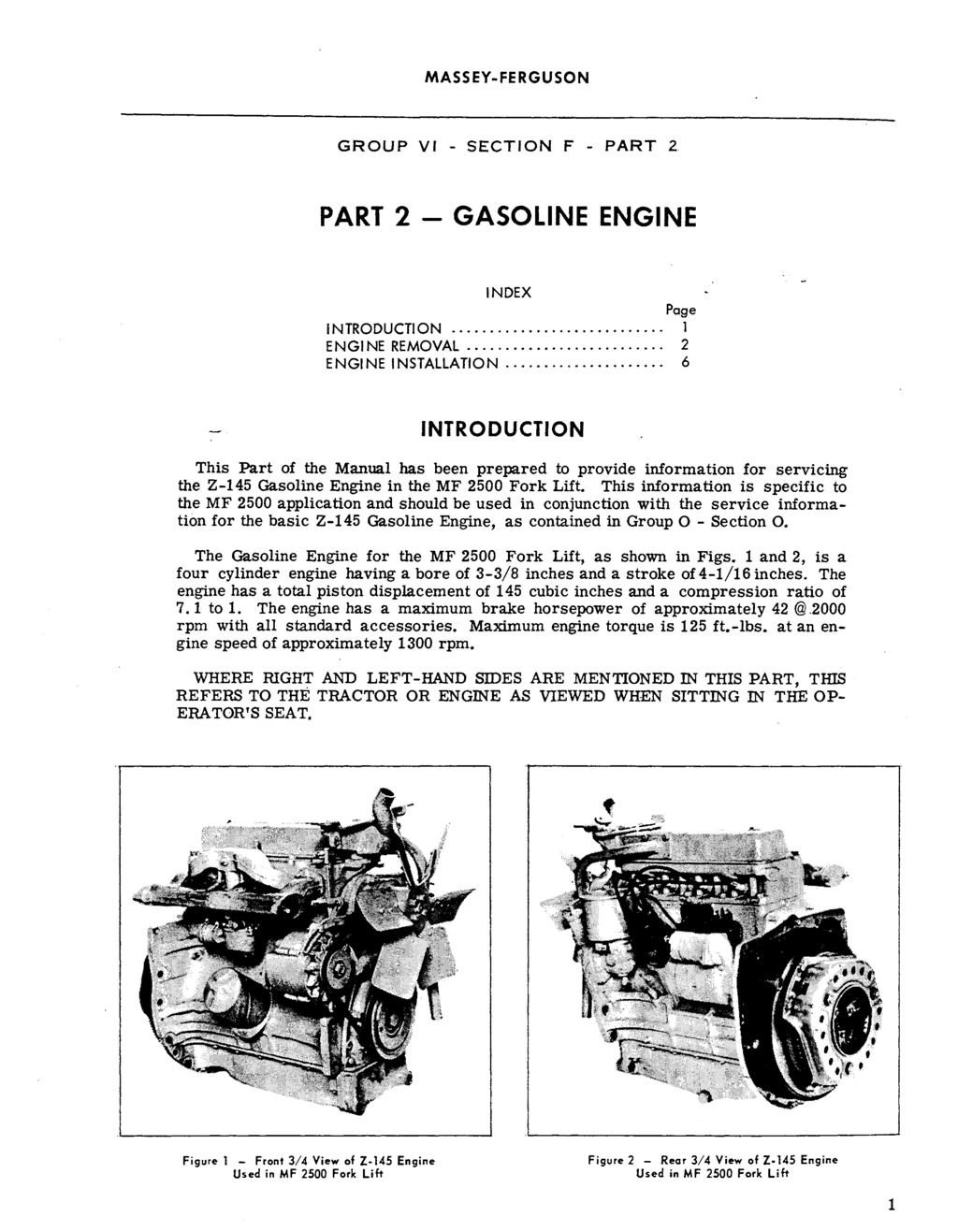 GROUP VI - SECTION F - PART 2. PART 2 - GASOLINE ENGINE INTRODUCTION........................ ENGINE REMOVAL....................... 2 ENGINE INSTALLATION.