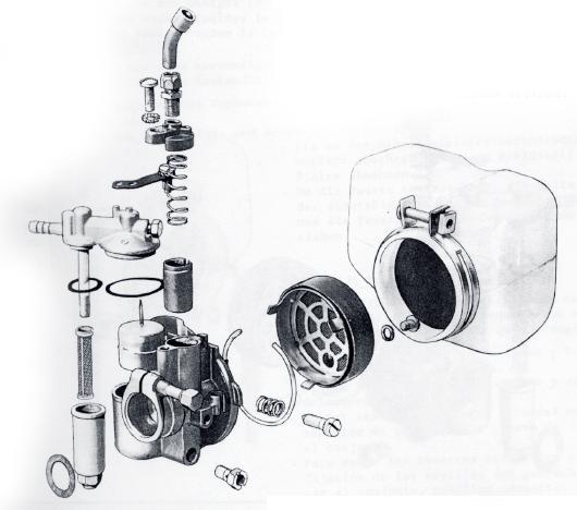 CARBURETOR Description: Gurtner carburetor with sedimenting bowl Engine with cylinder intake: D.12.D type, inlet diameter 12mm, adjustment 666, main jet 230 (engine with variable transmission) D.10.