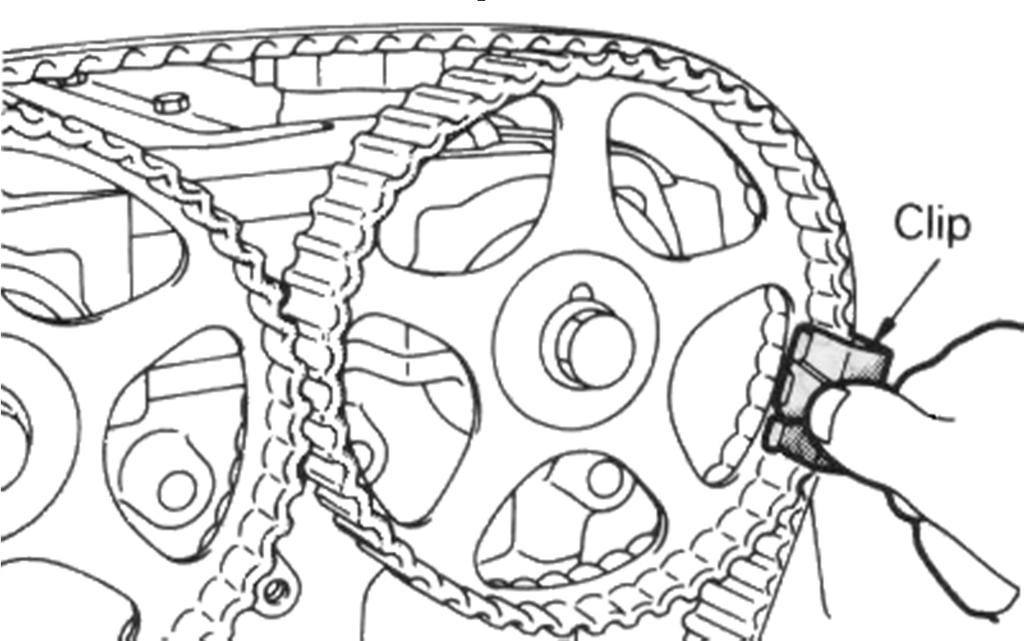 25. 26. Figure 10 27. 28. Figure 11 29. Install the new timing belt over the intake side camshaft sprocket and clamp it in position with a clip (Figure 11). 30.