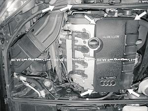 1) Remove all decorative engine covers, air box intake and the forward engine compartment hood seal.