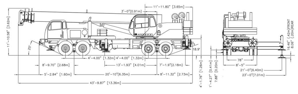 GENERAL DIMENSIONS WEIGHTS & AXLE LOADS GROSS WEIGHT LB UPPER IN TRAVEL POSITION FRONT REAR GROSS WEIGHT KG UPPER IN TRAVEL POSITION FRONT REAR Basic Crane with 60 Series Engine, 110' (33.