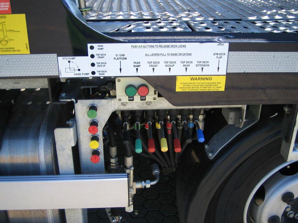Rigid Control Valve Operating levers from left to right. Black Lever - Over cab platform, no air lock Green Lever - Peak ramp with corresponding air lock button.