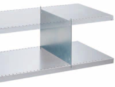XXX 1300 75 Painted 55.363.XXX Dividers for shelves For subdividing slotted shelves. Specification: sheet steel, galvanised. For shelf depth eight 300 150 55.352.000 400 150 55.353.000 500 150 55.146.