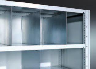 The shelves are available with rows of slots for subdivision with dividers.