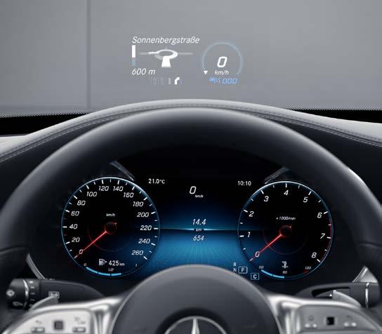Head-up display. Burmester surround sound system. Ambient lighting. Panoramic sliding roof. The head-up display transforms the windscreen into a digital cockpit.