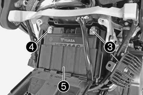 ELECTRICAL SYSTEM 123 Disconnect the negative (minus) cable of the battery. Disconnect the positive (plus) cable of the battery. Take the battery out of the battery compartment with battery tray.