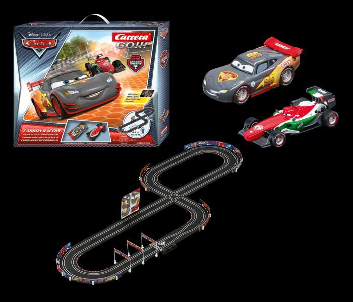 RACE SETS DISNEY/PIXAR CARS- CARBON RACERS W/GROUND EFFECT LIGHTS (TOY-62384) 95.00$ (MSRP $139.99) Carrera 62384 Disney/Pixar Carbon Racers Set, GO!