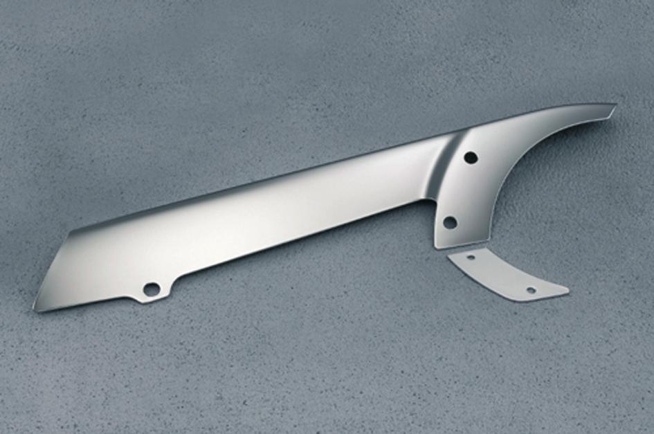 Upper Belt Guard Stock belt guard, highly polished and chrome-plated. Set includes upper belt guard and lower accent.