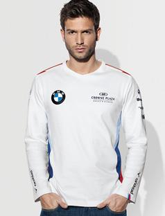 wordmark on the neck tape and large BMW logo at chest level.