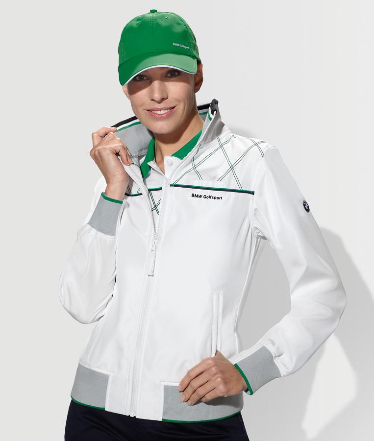 BMW GOLFSPORT Collection Ladies Wind Jacket. A breath of fresh air for the golf course: lightly tailored white ladies jacket with black and green dual piping.