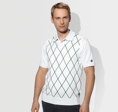 diamond pattern at the front, collar with green neck tape, BMW