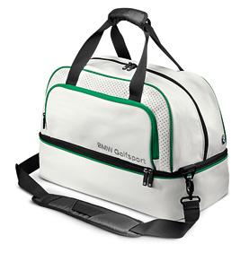 For two golf bags or one stand bag. Black nylon, with green and white accents.