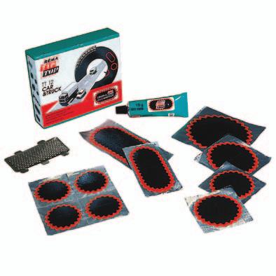 Repair and sealing material for tyres and tubes Tube repair kits Motorcycle repair kits TT 10 Scope of delivery: 4 Patches size 0 1 Patch size F3 1 Tube of SVS vulcanizing fluid 5 g 1 Emery paper 1