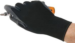 glove with a Nitrile dipped palm and nylon knit backing. The nylon knit backing is breathable and machine washable.