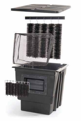 1 Pro Series Skimmer Models Feature: 1. Sturdy removable top lid supports natural rock camouflage and foot traffic 2. Heavy-duty brush panel provides maximum surface area for mechanical filtration 3.