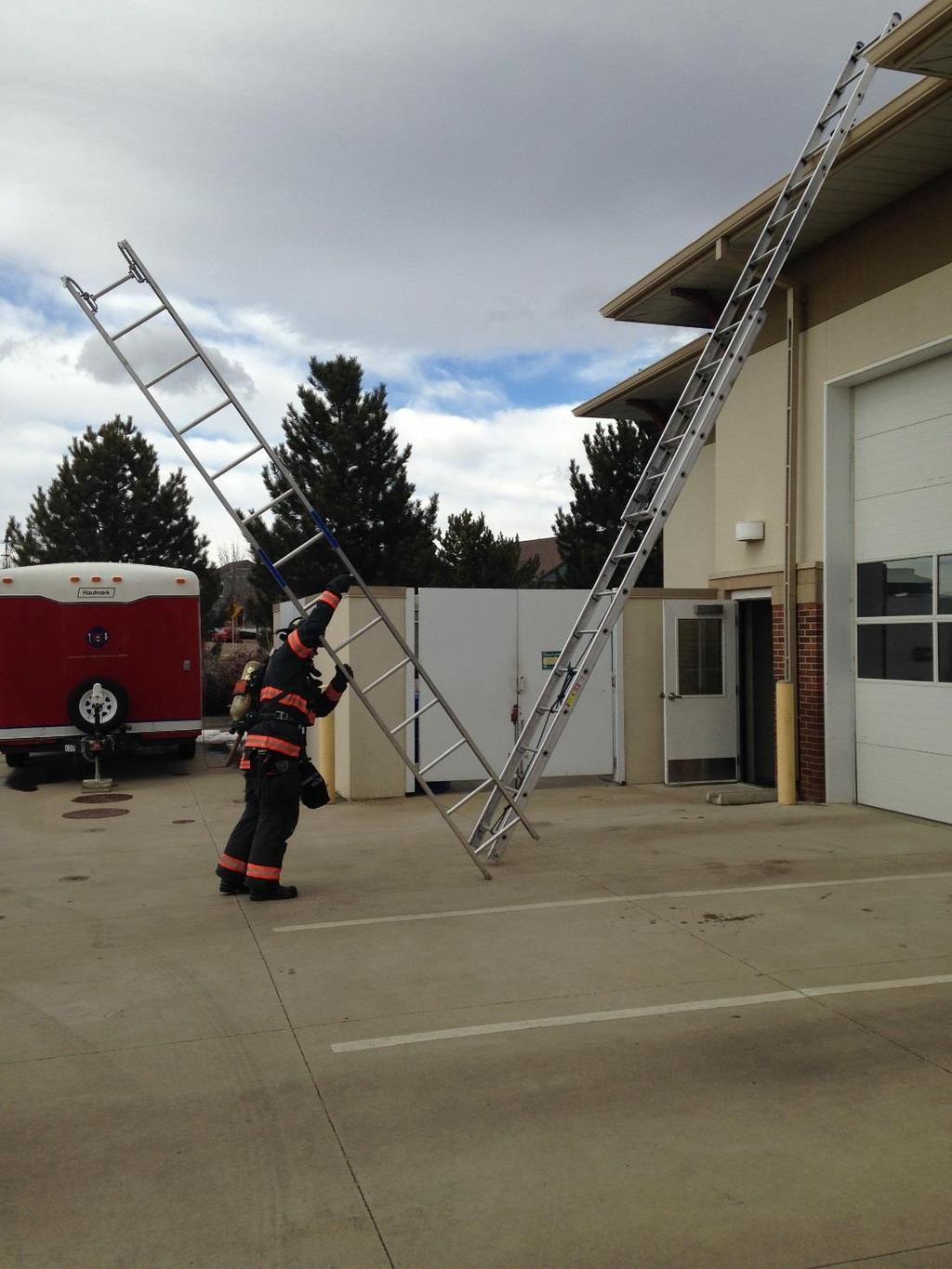 #12.1 An alternative to the pivot raise above would be to raise the roof ladder right next to the extension ladder using a beam raise.