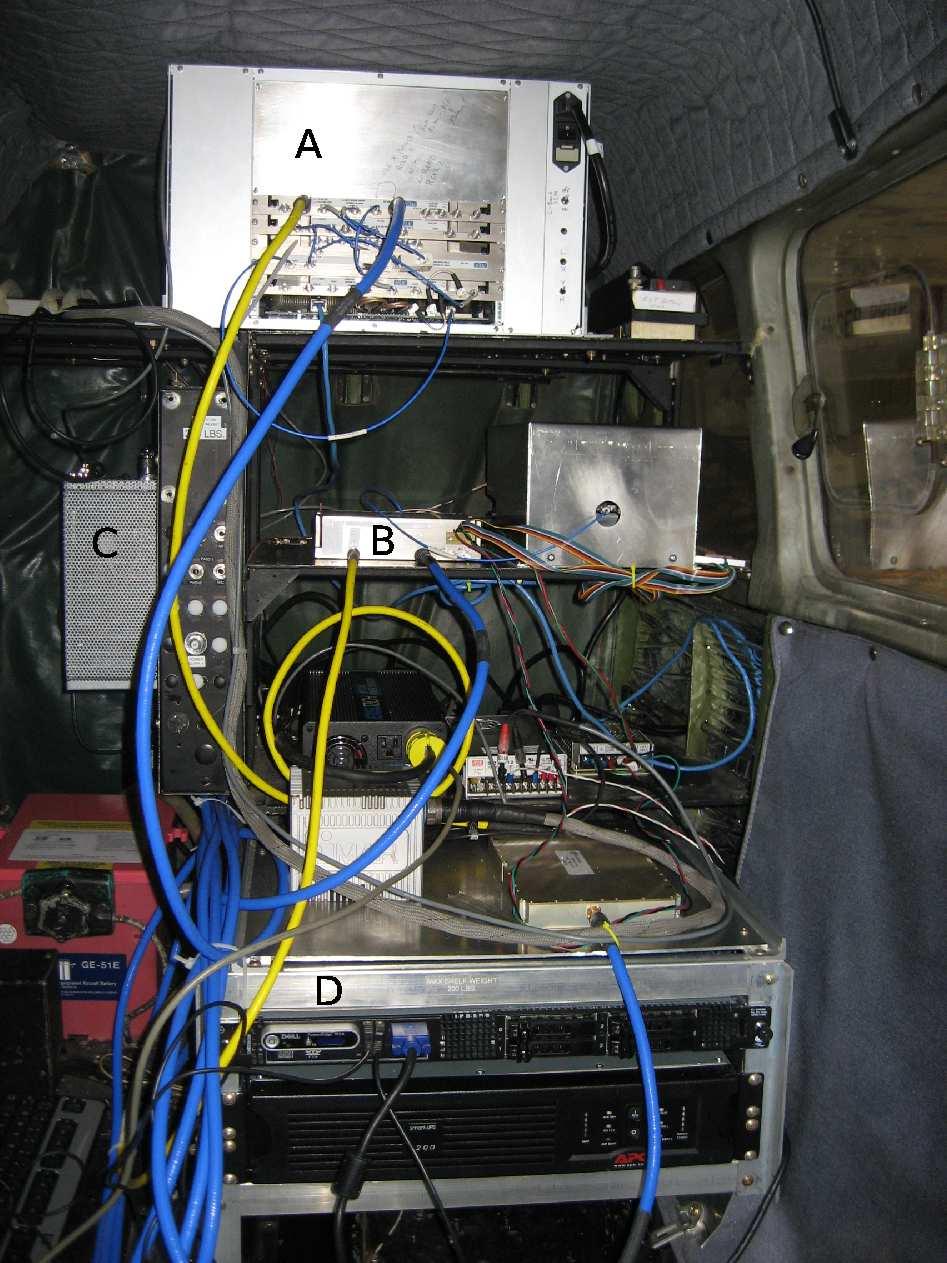 Figure 1. Equipment setup inside testbed aircraft. Labelled are: (A) pulsed SAR system, (B) CW microasar system, (C) BYU Motron, and (D) computer for data storage and processing.
