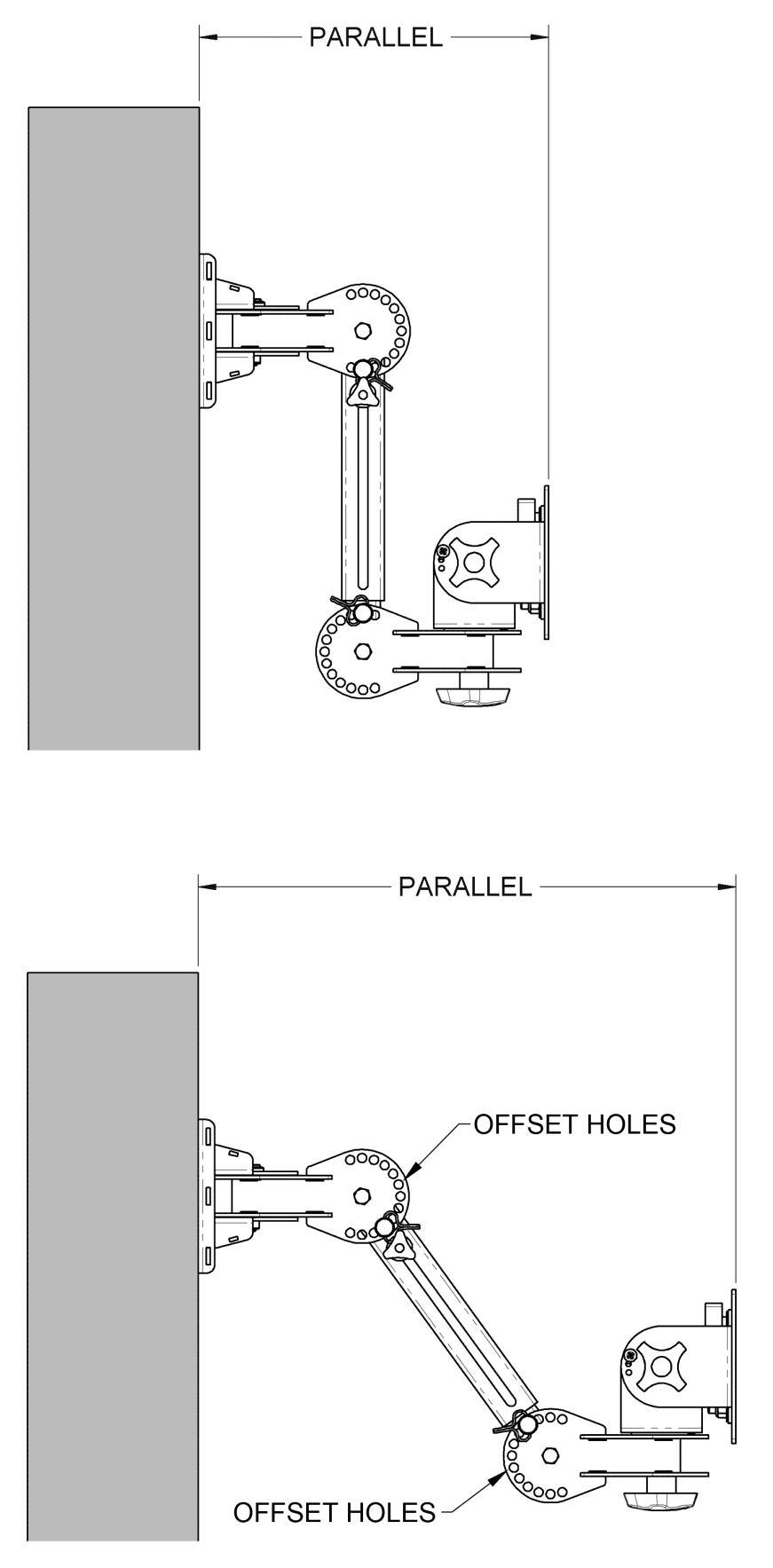 4-of-8 Recommended practice for adjusting the angle of the offset brackets; In most applications you will want the pan and tilt head parallel to the wall or mounting surface.