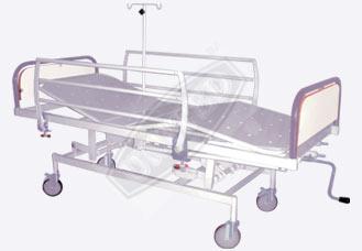 6. ASI 1001 Hospital Fowler Bed: ASI-1001. ICU Bed Mechanically (S.S. Bows) : ASI 1001 Frame work made of Rectangular M.S. Tube 4 Section Top made of perforated M.S. Sheet Back Rest, Knee Rest, TB/RTB and Hi-Lo Positions manoeuvred by Separate screw from Foot End.