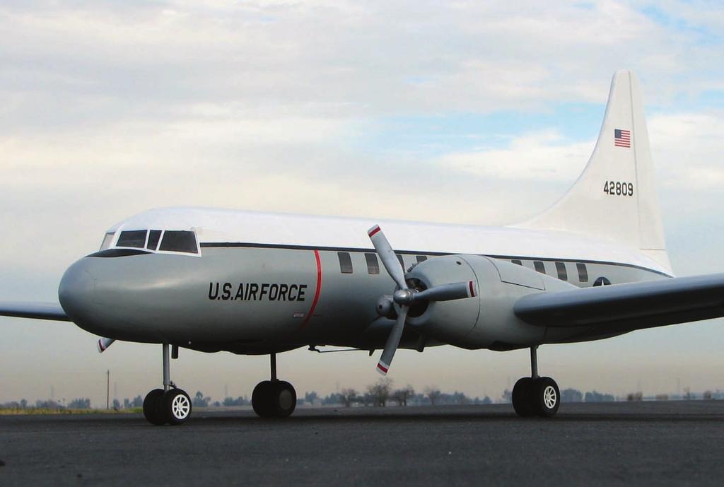 THE C-131 WAS THE FIRST PRESSURIZED TWIN-ENGINE TRANSPORT ADOPTED BY THE MILITARY All dressed up and ready to go. Major Decals and Evolution 3-blade props add to the model s scale appearance.