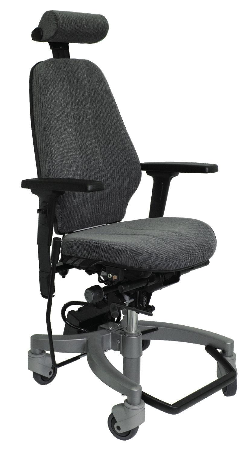 This means that the load on the body can be changed without changing the angle between the backrest and seat. The chair has big wheels and good legroom.