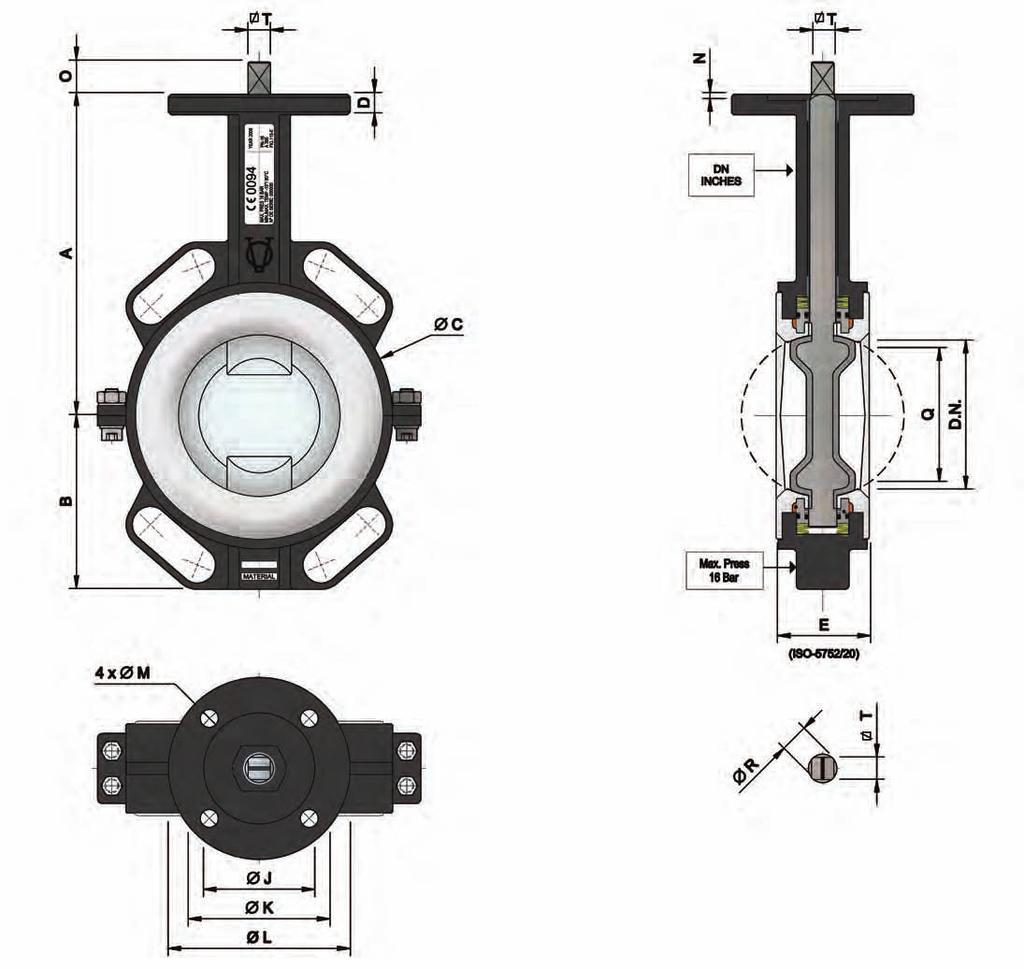 NOMINAL DIAMETER ACTUATORS ASSEMBLY ACCORDING TO ISO-5211 GENERAL DIMENSIONS BODY WEIGHT FLANGES STANDARD ASSEMBLY FLANGE SHAFT END "Q" (Kg) mm Inch A B C D E TIPO J(*) K L M N (*) O R T 50 2" 135 57