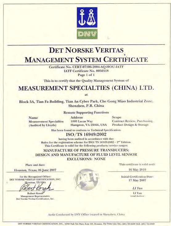 MEAS maintains the highest quality certifications, including: AS/EN 9100 ATEX ATEX 949EC CE-MDD CMDR Health Canada EN 13980 ESA 266 ESCC266E ESCC 400C FDA ISO 13485 ISO 14001 ISO 9001 MID Measuring