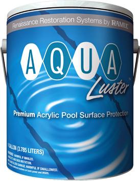 EFFECTIVE 01-02-11 PAGE 381 AQUALUSTER - Acrylic Pool Coating Damp Surface Application Coverage up to 450 sq. ft. per Gallon (recoat) V.O.C. Compliant Up to 4 years of Service Topcoats Chlorinated/Synthetic Rubbers and Acrylics 01W073024 AQ301101 Brilliant White - Gallon (4/case) each 146.