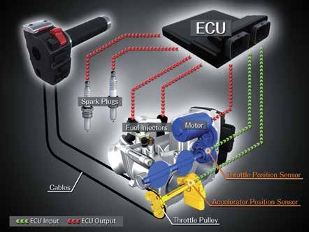 * The simple system makes it easy to incorporate other systems, like Electronic Cruise Control (please see below). * Twisting the throttle grip actuates a throttle pulley on the throttle body.