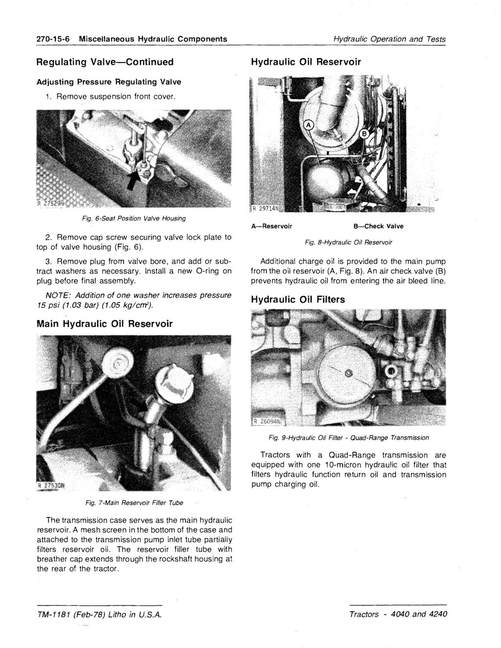 270-15-6 Miscellaneous Hydraulic Components Regulating Valve-Continued Hydraulic Oil Reservoir Hydraulic Operation and Tests Adjusting Pressure Regulating Valve 1. Remove suspension front cover. Fig.