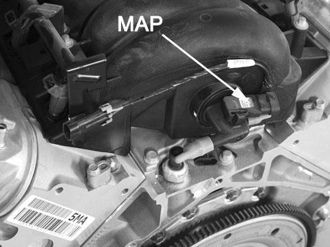 Camshaft Position (CMP) Sensor 13. Locate the connector labeled MAP and plug into the manifold absolute pressure sensor located at the rear of the intake manifold.