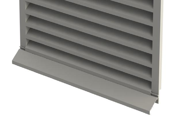 Additional options Face mounted drip cill - DC By fitting an extended cill beneath the bottom blade, any water caught by the louvre is ejected away from the wall, instead of the bottom section of