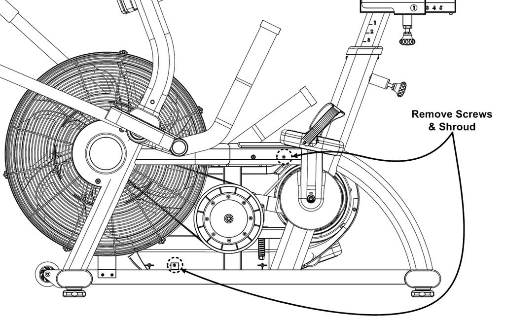 4. Gain access to the drive train from the user left side by removing the four phillips head screws (Fig. 4) with a phillips head screwdriver and taking off the large side shroud. Fig.
