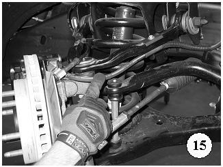 b) Check brake hoses, and other components for any possible interference. c) Reinstall both front wheels and torque lug nuts to correct specification. d) Lift vehicle and remove support stands.
